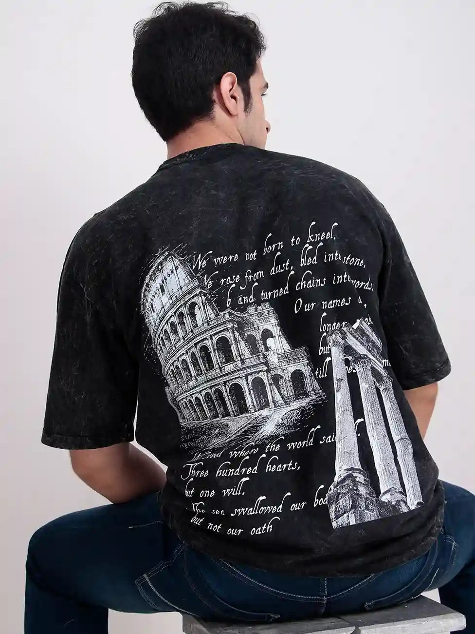 Black Acid Wash Graphic T-Shirt with Roman Ruins & Gothic Font Print