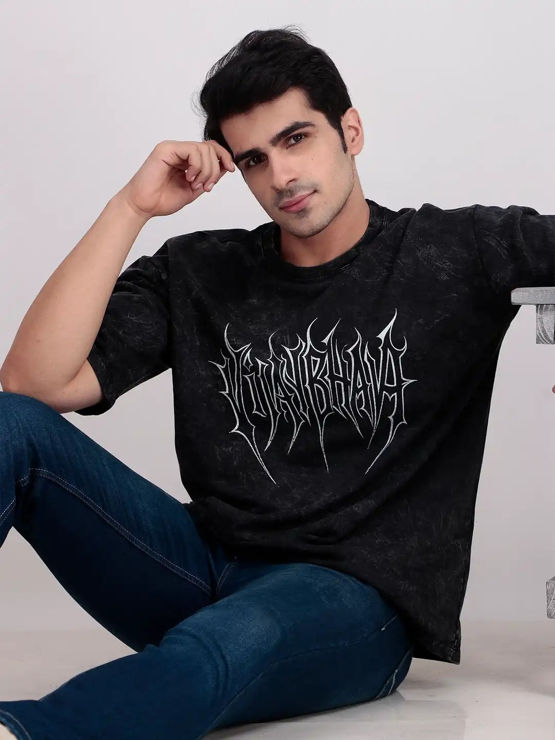 Black Acid Wash Graphic T-Shirt with Roman Ruins & Gothic Font Print