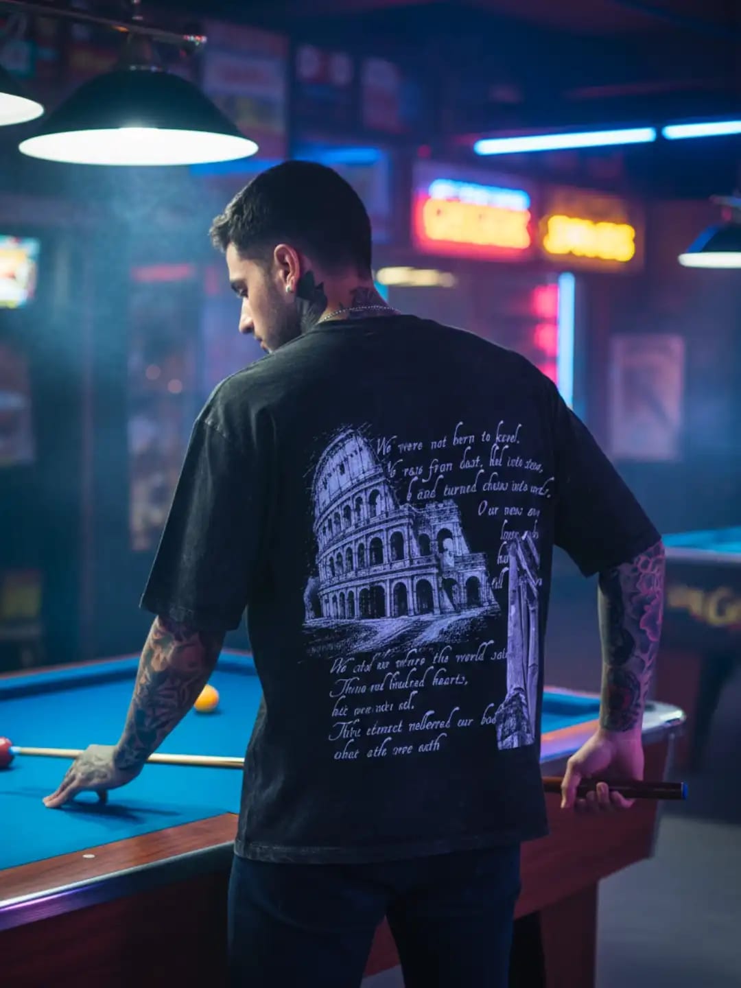 Black Acid Wash Graphic T-Shirt with Roman Ruins & Gothic Font Print