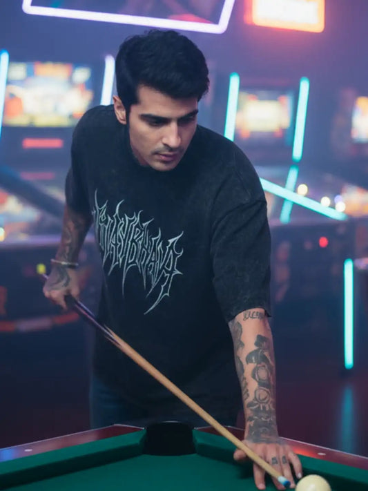 Black Acid Wash Graphic T-Shirt with Roman Ruins & Gothic Font Print